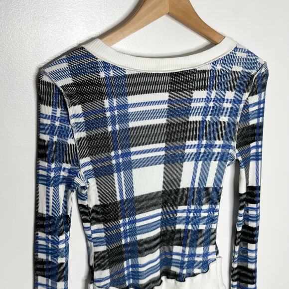 Free People Movement Rally Printed Layer Henley Top Womens Large Blue Plaid - Picture 8 of 12